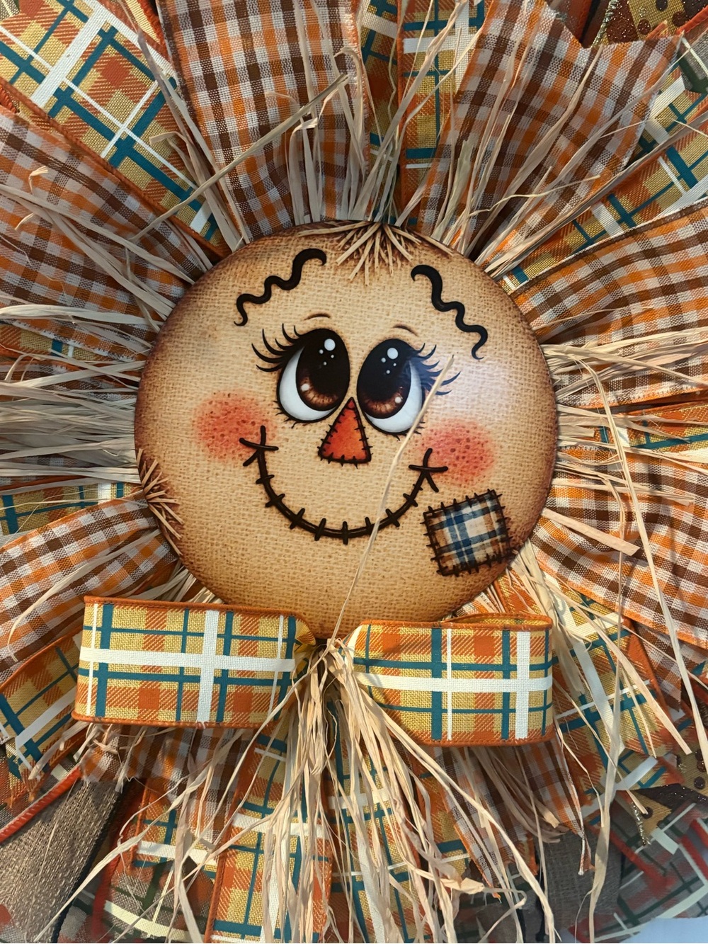 Festive Orange Plaid Scarecrow Wreath Accent - Home Holiday
